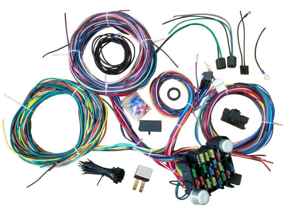 Universal 21 Circuit Body Harness Kit - includes Headlight (Hi-Lo Beam) Tail Light - Brake Light - Flashers - Dash Lights - Fuse Box - Relays and Connectors