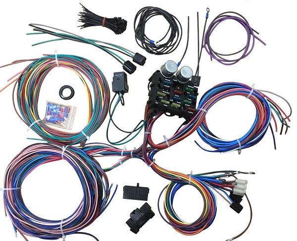 Universal 12 circuit body harness kit includes Headlights (Hi-Lo Beam) Tail light Brake light Flashers Dash lights Fuse box Relays and connectors