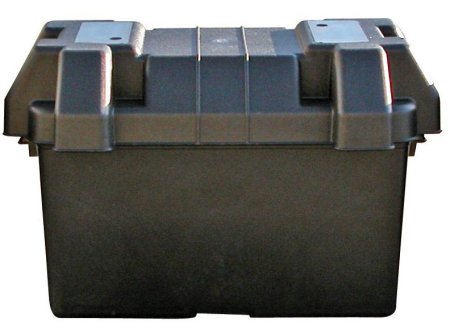 Battery Box - Tough polypropylene plastic battery box impervious to battery acid. Complete with tie down strap and mounting hardware.