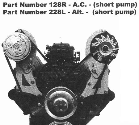 High mount RHS A/C compressor bracket - short water pump. Fits on all GM aluminium heads and may be used on 1969 thru 1986 cast iron heads by drilling and tapping one hole for the upper mounting point