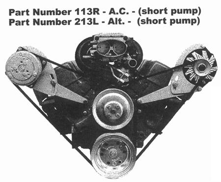 Side mount RHS A/C compressor bracket - short water pump. Bolts to the water pump and exhaust. No holes in head required. Fits with stock exhaust manifolds and most headers
