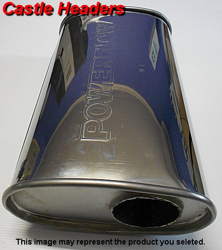 Muffler 14in 9x5 Oval body - Left Offset inlet 2.5in and 2x2 1/4in outlet Y -pipe - Megaflow Polished Stainless Steel
