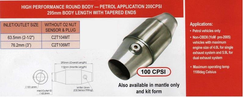 63.5 (2 1/2in.) ULTRA HIGH FLOW RACE CAT 295mm BODY PETROL APPLICATION 100 CPSI