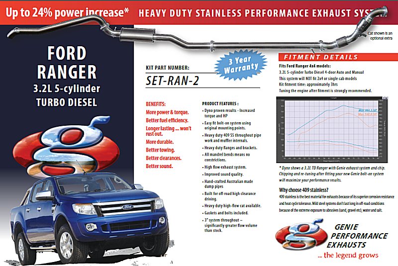 FORD RANGER 3.2L Turbo Diesel Manual and Auto 4X4 only 409 Stainless Steel