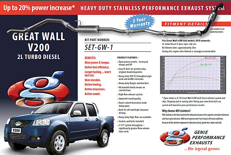 GREAT WALL V200 2L Turbo Diesel 4X4 2010 onwards 409 Stainless Steel