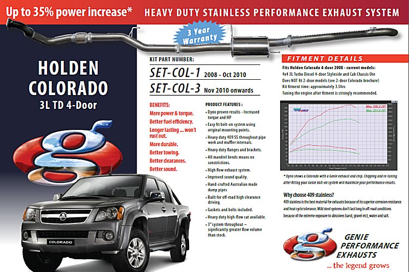 HOLDEN COLORADO 3L TD Turbo Diesel 4-Door 4X4 NOV 2010 onwards 409 Stainless Steel
