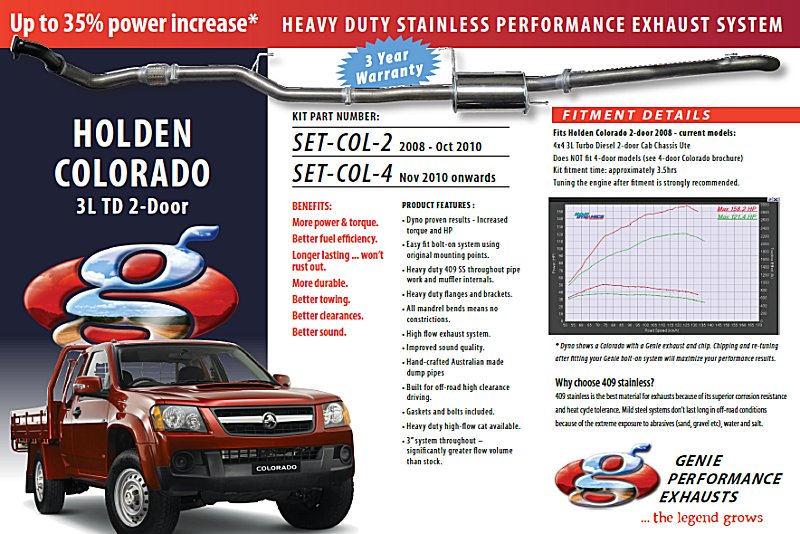 HOLDEN COLORADO 3L TD Turbo Diesel 2-Door 4X4 NOV 2010 onwards 409 Stainless Steel