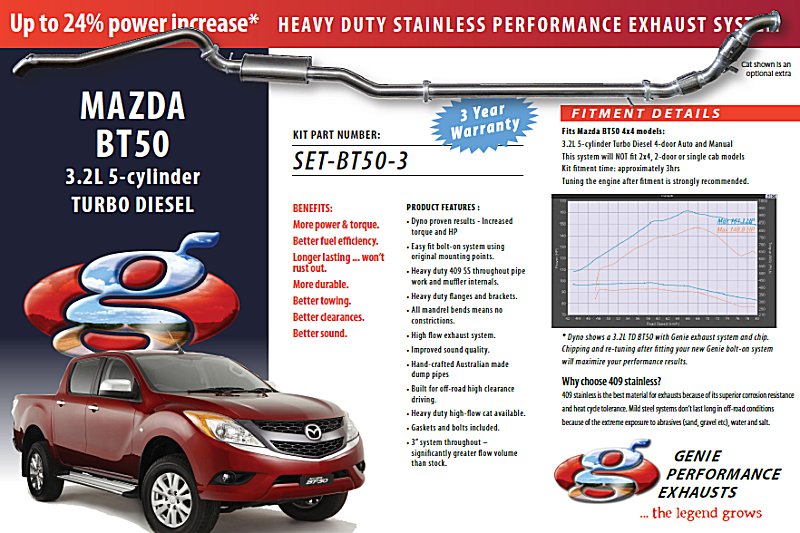 MADZA BT-50 3.2L 5CYL Turbo Diesel Manual & Auto 4X4 4-Door 409 Stainless Steel