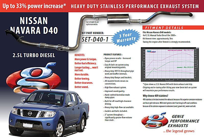 NISSAN NAVARA D40 2.5L Turbo Diesel Manual 4X4 Ute 2008+ 409 Stainless Steel