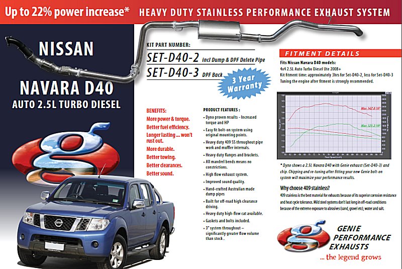 NISSAN NAVARA D40 2.5L Turbo Diesel Auto 4X4 Ute 2005+ (use original Dump pipe Cat back) 409 Stainless Steel