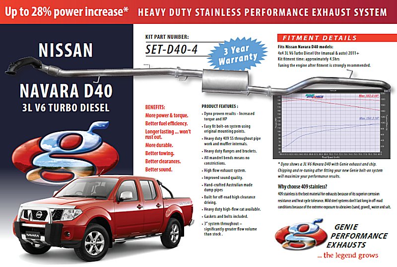 NISSAN NAVARA D40 3.6L V6 Turbo Diesel Manual & Auto 4X4 Ute 2011+ 409 Stainless Steel