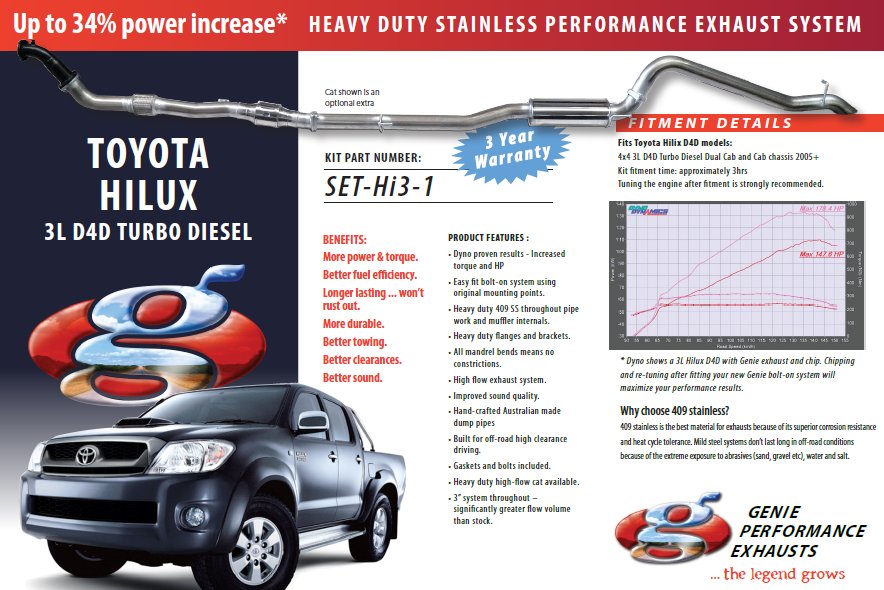 TOYOTA HILUX D4D 3L Turbo Diesel 4X4 Dual Cab and Cab chassis 2005+ 409 Stainless Steel
