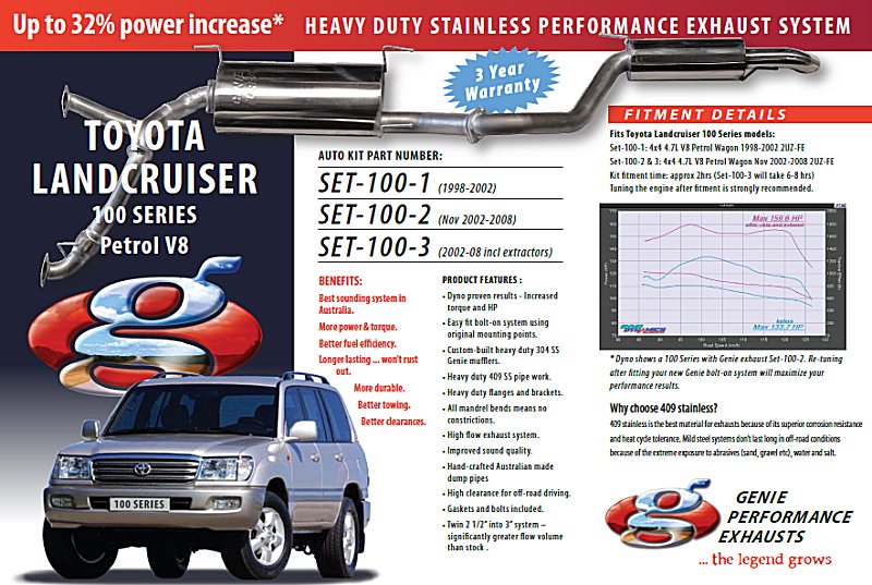 TOYOTA LANDCRUISER 100 SERIES Petrol 4.7L V8 Wagon 2UZ-FE 4X4 NOV (Cat back) 2002-2008 409 Stainless Steel