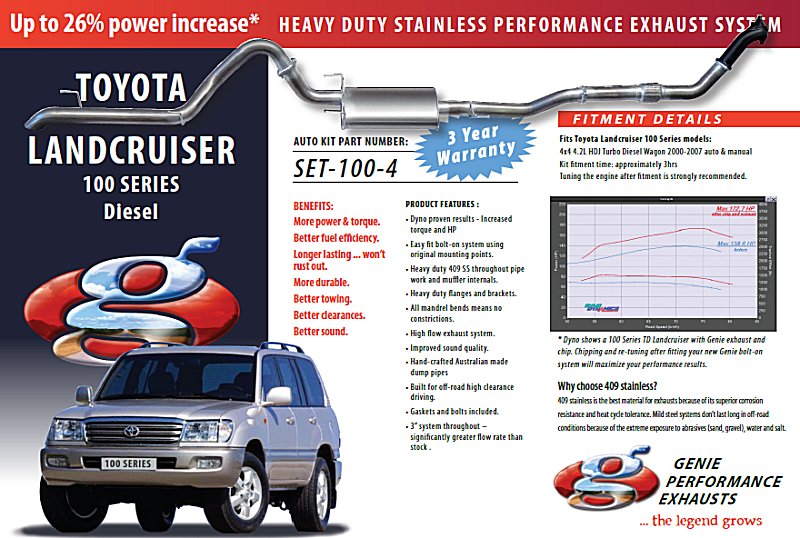 TOYOTA LANDCRUISER 100 SERIES Turbo Diesel 4.2L Wagon HDJ 4X4 2000-2007 (not 1HZ) 409 Stainless Steel
