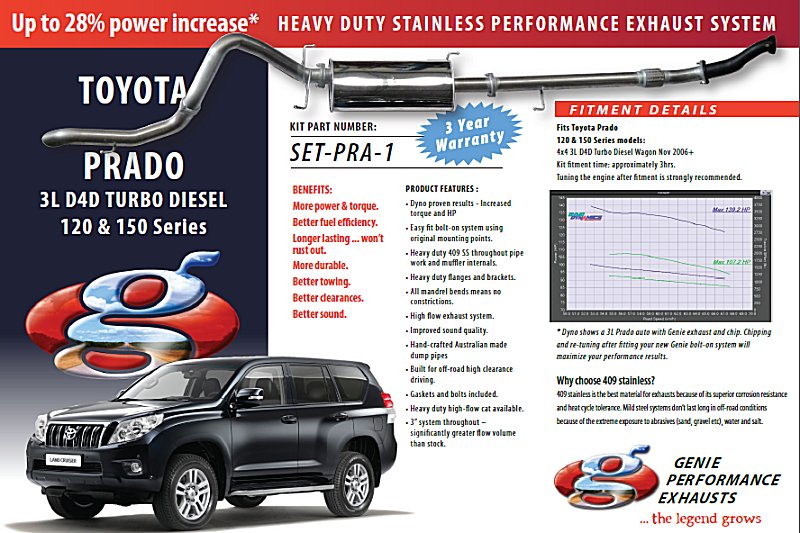 TOYOTA PRADO 3L D4D Turbo Diesel 120 & 150 Series 4X4 Wagon NOV 2006+ 409 Stainless Steel