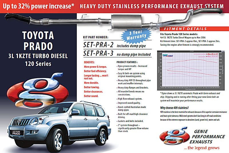 TOYOTA PRADO 3L 1KZTE Turbo Diesel 120 Series 4X4 Wagon Up to NOV 2006+ (Dump pipe not included) 409 Stainless Steel