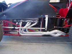 Sprint car V8 headers and Mufflers with jet hot coating.