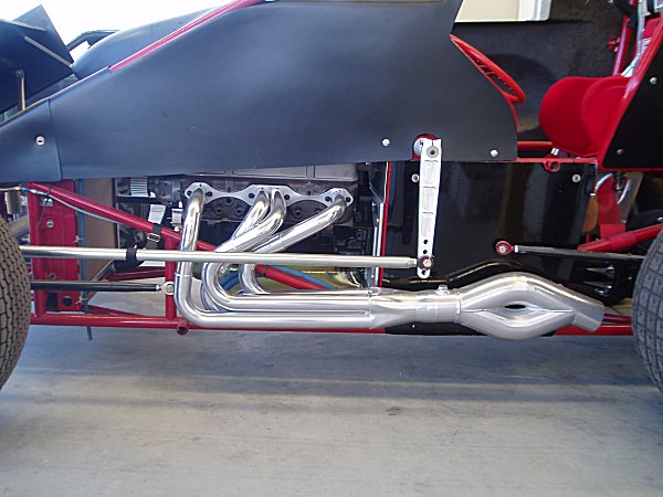 Sprint car V8 headers and Mufflers with jet hot coating.